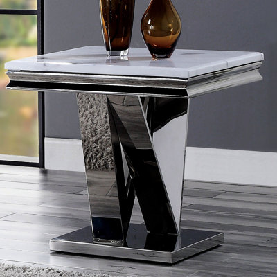 Table de bout moderne 1Pc avec esthétique, faux marbre 18 mm sur le dessus, piédestal en acier inoxydable de style V et base rectangulaire avec piédestal en acier biseauté,