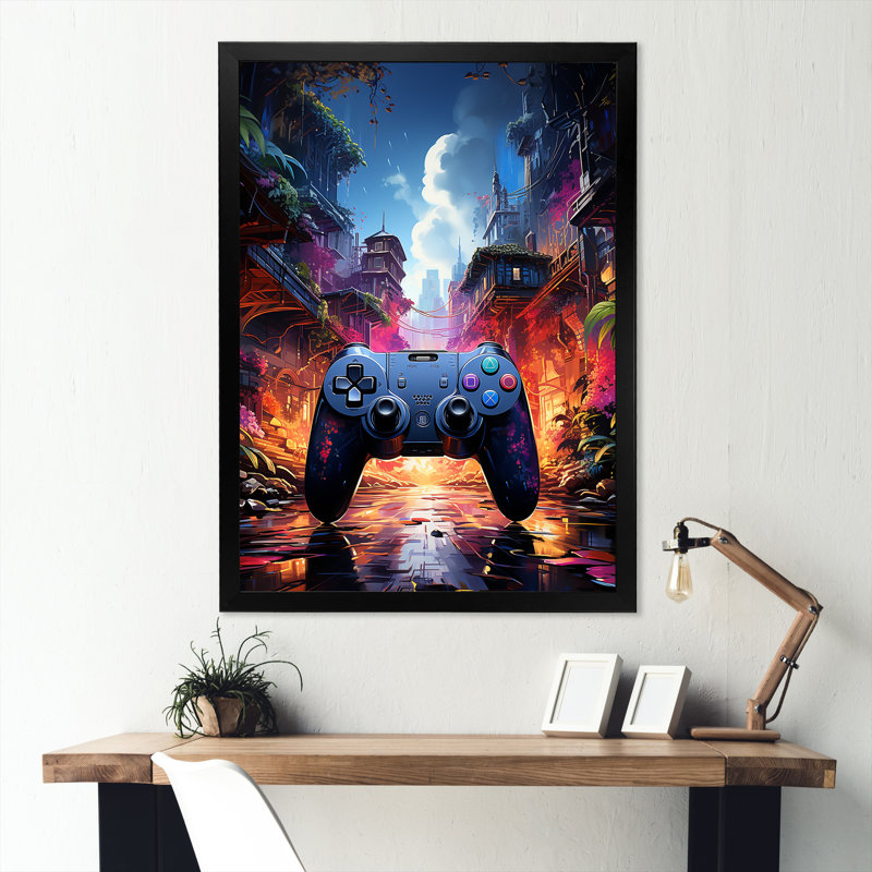 Contrôleur de jeu vidéo Neon Haven I - Art mural de jeux vidéo, Cadre simple noir, H 32 po x l 24 po x P 1 po