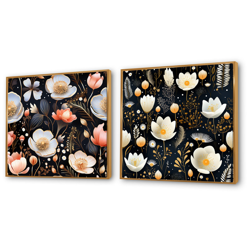 Conyer - Ensemble de salon mural floral 2 pièces, Cadre flottant doré, H 16 po x l 33 po x P 1 po