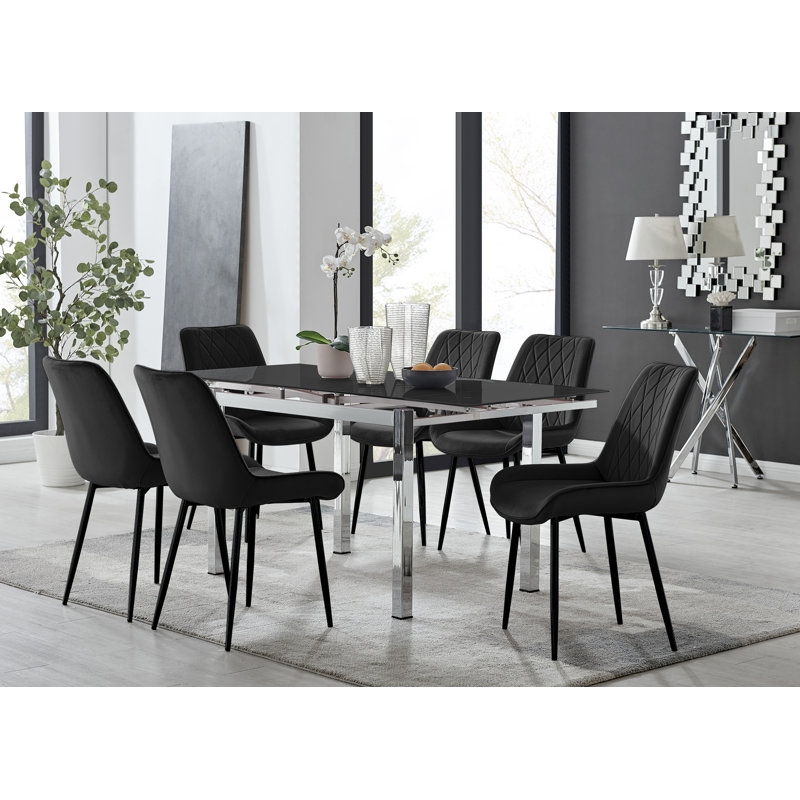 Ensemble de table de salle à manger extensible en verre et en métal Tierra et 6 chaises de salle à manger rembourrées en velours