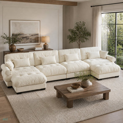 U Shaped Sectional Sofa Cloud Couch With Movable Ottomans,Convertible Deep 4 Seater Modern Velvet Comfy Upholstered Corner Couch With Blostered Armrests, Waist Pillow And Throw Pillows