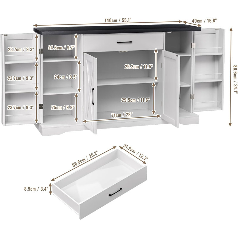 Armoire de cuisine de 55,1 po de largeur, armoires de buffet avec tablettes réglables, armoire de rangement de cuisine, armoire de rangement pour buffet