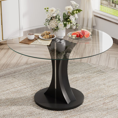 Round Modern Pedestal Dining Table, Tempered Glass Table for 4-6 for Dining Room