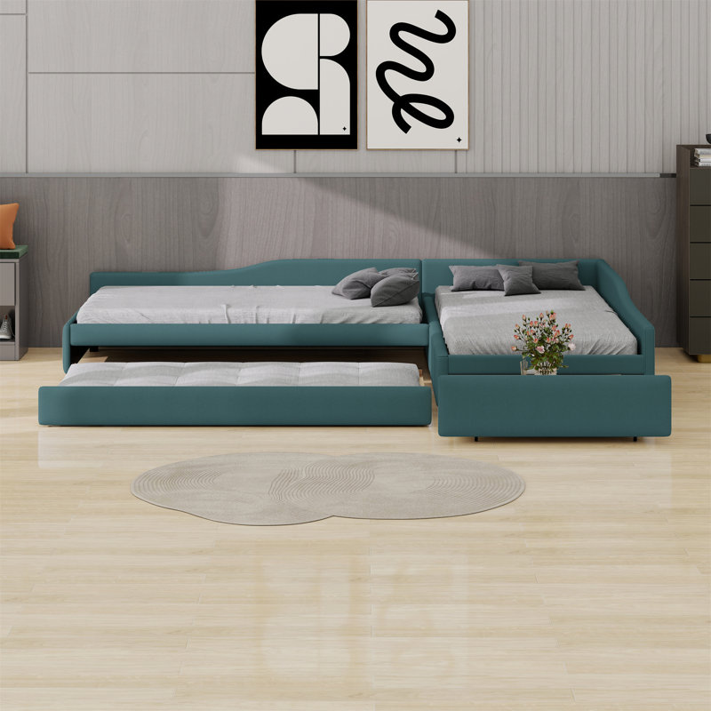 Upholstered Double Daybed With Trundle And Drawer, Green