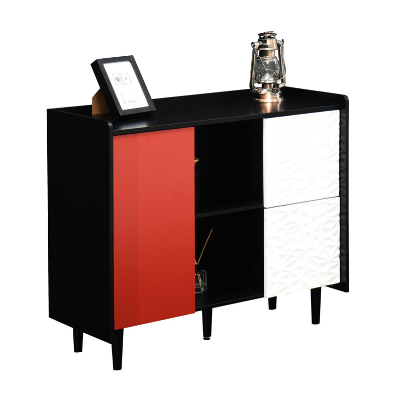 Buffet de rangement noir avec portes rouges et 2 tiroirs pour le vestibule moderne, Rouge / Noir