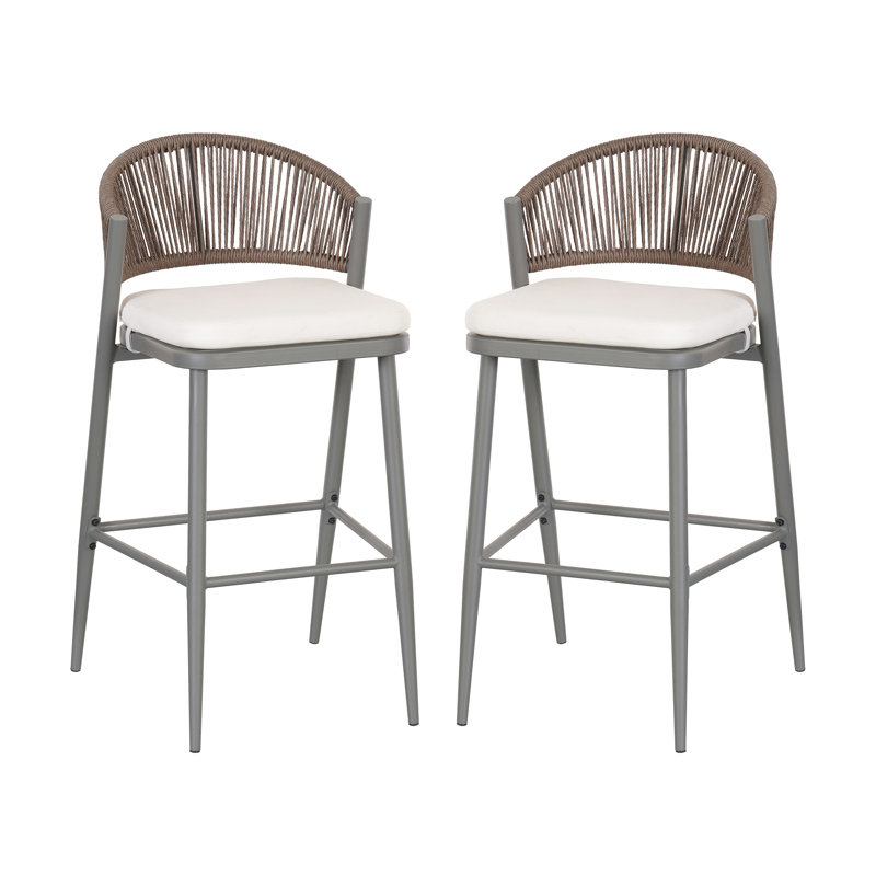 Tabouret de patio Eisen, Coussin beige / structure en fer gris mat, 4, Tabouret de bar (siège d'une hauteur de 30,25 po)