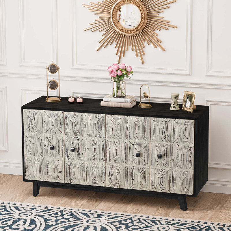 Armoire de rangement sur pied 59,84 "à 4 portes rétro, Noir / grain de bois