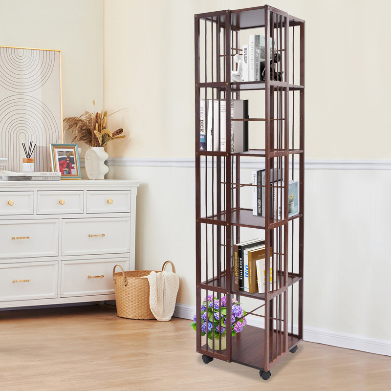 63.8"H X 14.6"W 6-Tier Mobile 360 Degree Rotating Bamboo Bookshelf with Wheels, Brown