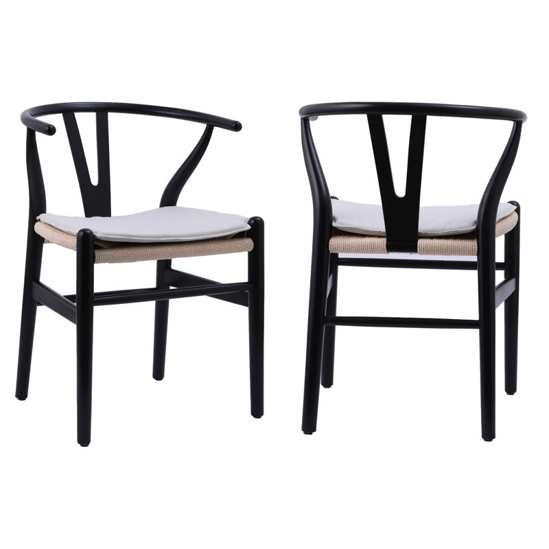 Ensemble de 2 chaises de salle à manger en bois massif tissé et tissé en rotin, Noir / Beige
