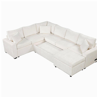 Ensemble de canapé-lit de 112,2 po avec canapé-lit escamotable, repose-pieds avec rangement, trois oreillers et équipement de recharge, beige, convenant au salon