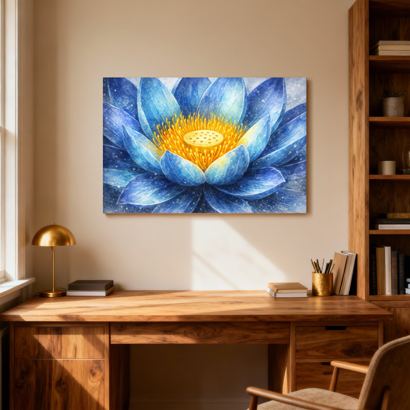 Plantes et fleurs de lotus bleu avec centre doré, H 28 po x l 40 po