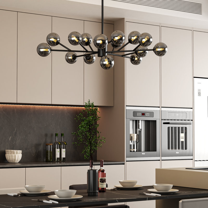 Lustre moderne Sputnik à 15 lumières avec abat-jour en verre fumé, globe en verre noir, plafonnier réglable pour salle à manger, salon et hall d'entrée