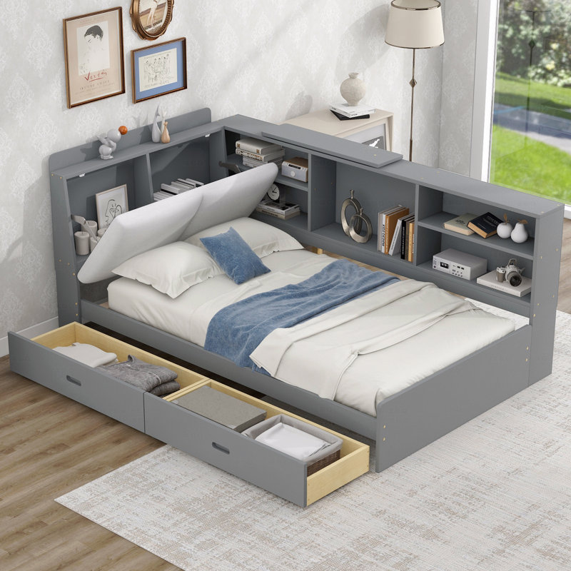 Lit plateforme simple en bois avec tête de lit, tablettes et 2 tiroirs, Gris
