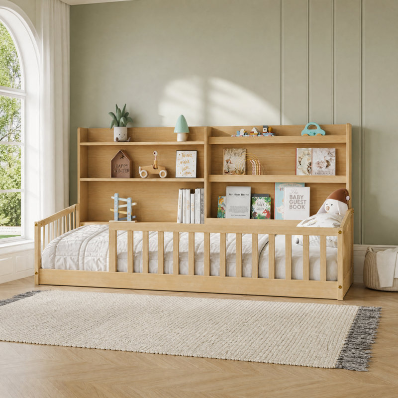 Lit double Montessori avec bibliothèque et rails de sécurité, Natural