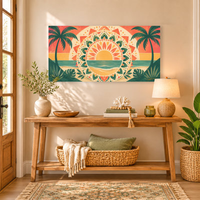 Boho Sun Palm Coastal Escape Wrapped Canvas Wall Art, Tropical Resort Decor