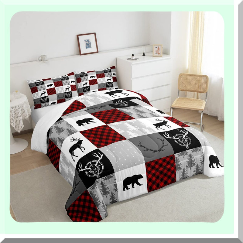 Wild Arrow Antler Queen Comforter Set - Rustic Red Buffalo Plaid Bedding with Pillowcases - Breathable Polyester Patchwork Bedding Comforters