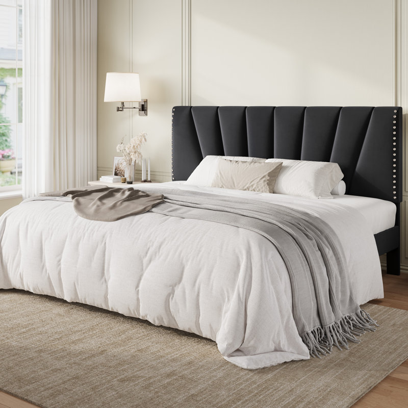 Velvet Upholstered Platform Bed Frame With Tufted Headboard And Nailhead Trim, Adjustable Height, No Box Spring Needed, Black