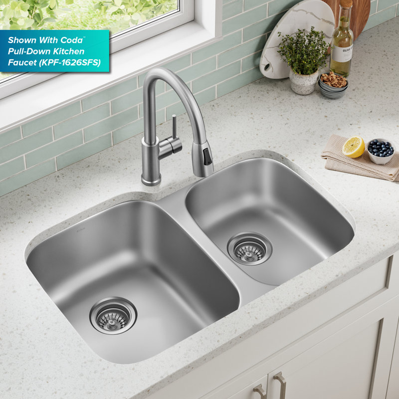 Évier de cuisine en acier inoxydable 60/40 KRAUS, Double bol décalé, H 9 po x l 32 po x P 20,63 po