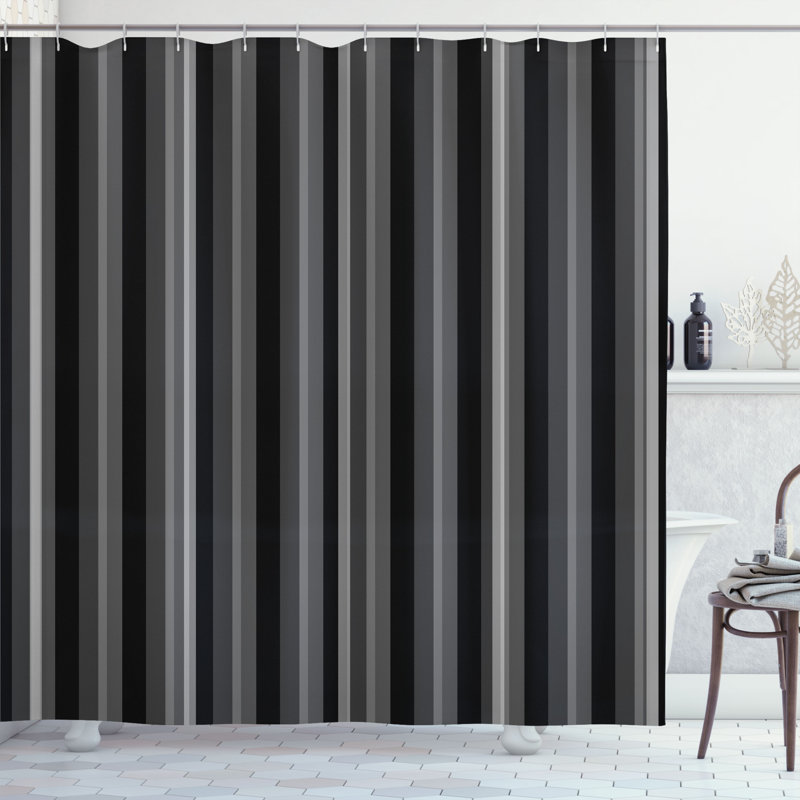 Black and Gray Striped Fabric Shower Curtain with Hooks