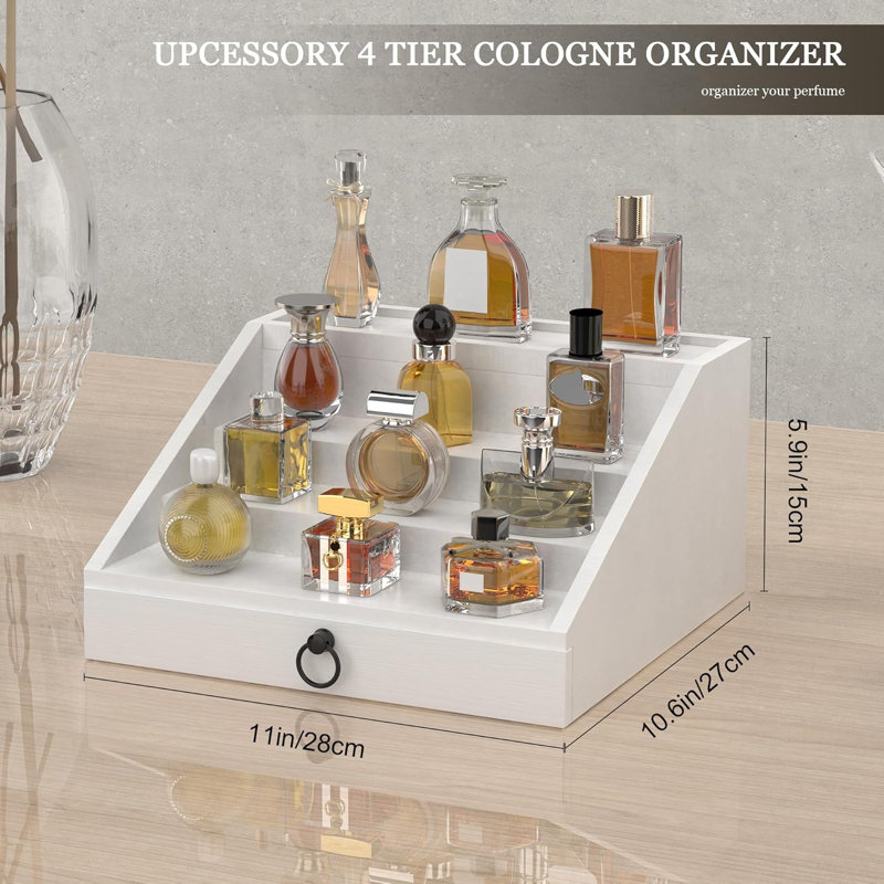 Organisateur de parfum en bois pour homme à 4 niveaux avec tiroir doublé de velours et support de rangement pour parfum pour commode