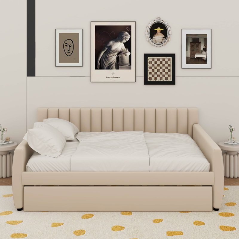 Full Size Upholstered Daybed With Trundle, Beige