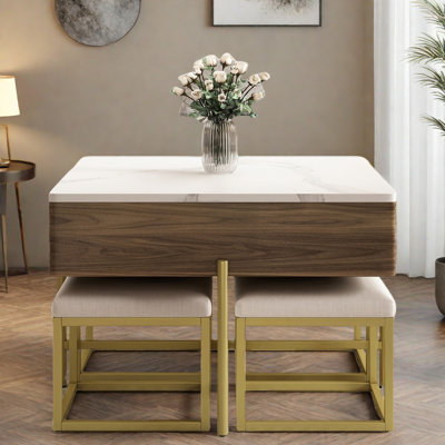 Modern Square Lift-top Coffee Table Set With Storage Space & 4 Ottomans