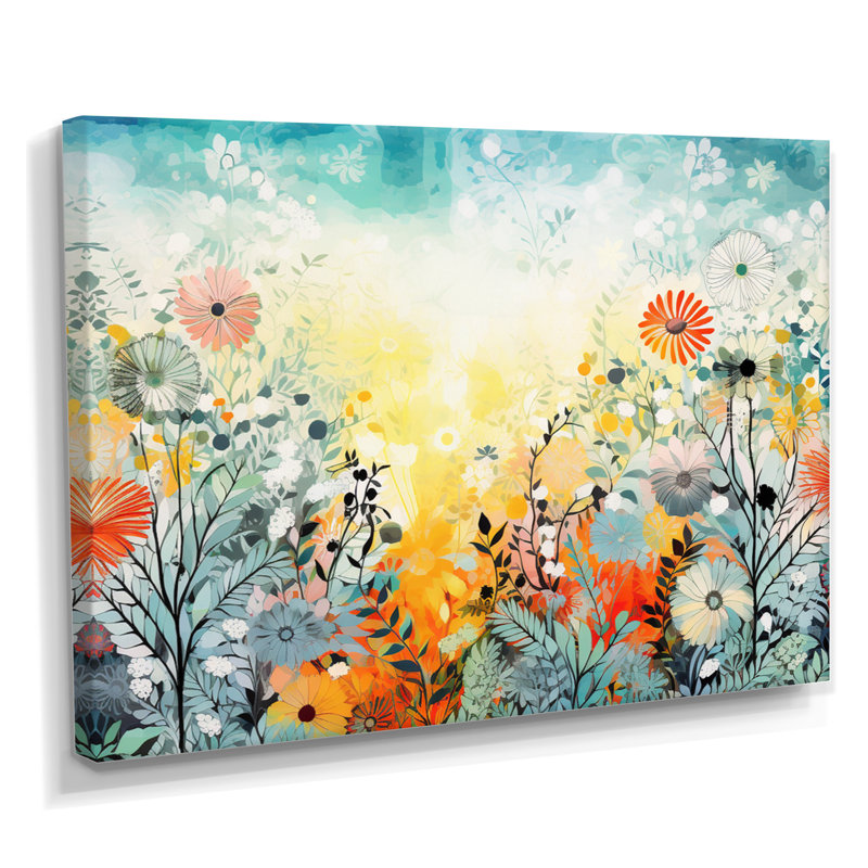 Art mural rétro avec fleurs printanières vibrantes - fleurs sauvages, Toile tendue, H 16 po x l 32 po x P 1 po