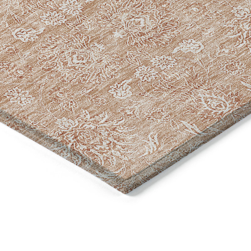 3' X 5' Copper And Beige Floral Washable Indoor Outdoor Area Rug