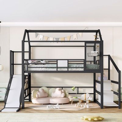 Lit mezzanine en métal avec glissade et escalier, structure silencieuse et tablettes de rangement avec toit de maison de jeu