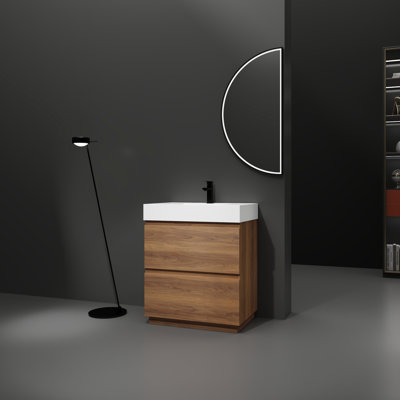 Meuble-lavabo de 30 po avec lavabo simple. Meuble-lavabo sous-comptoir moderne à deux tiroirs. Autoportant, bois d'ingénierie, brun. Luminaire autoportant contemporain à 2 éléments resplendissants