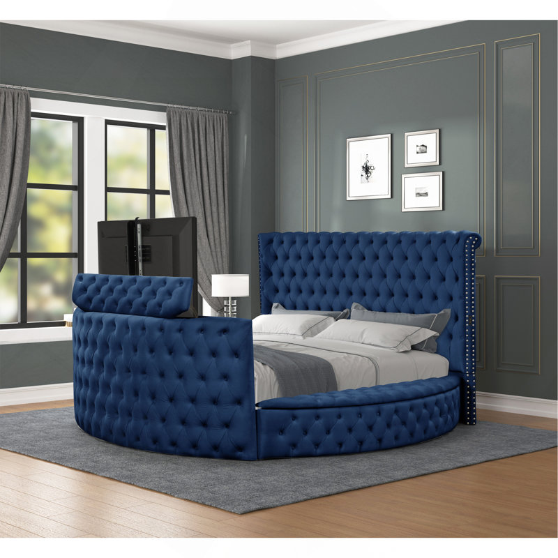 Grand lit capitonné en cristal de style moderne en bois bleu