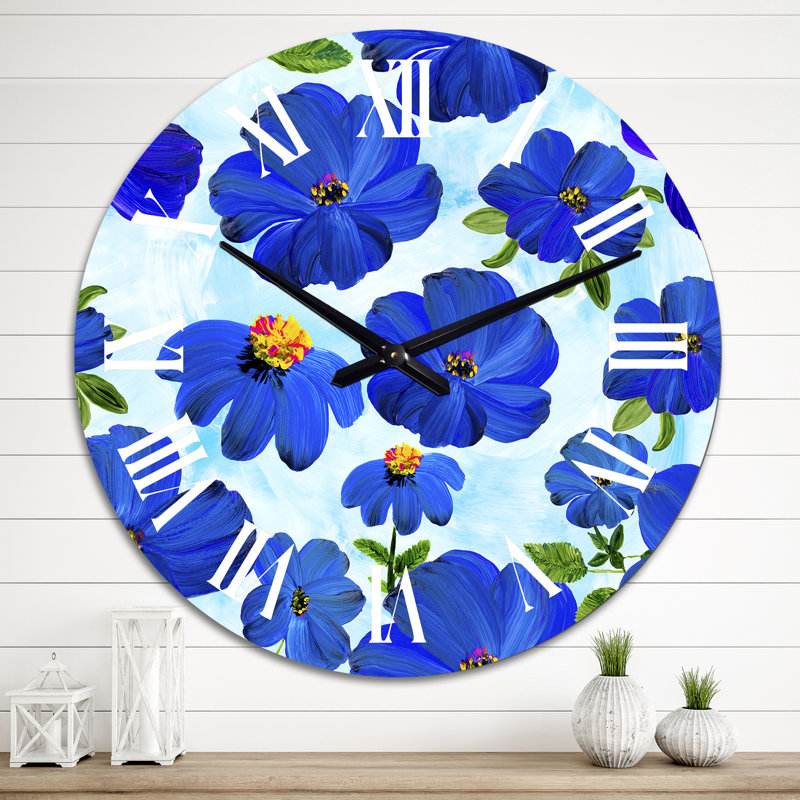 Horloge murale abstraite à fleurs bleues sur fond bleu clair, Grand