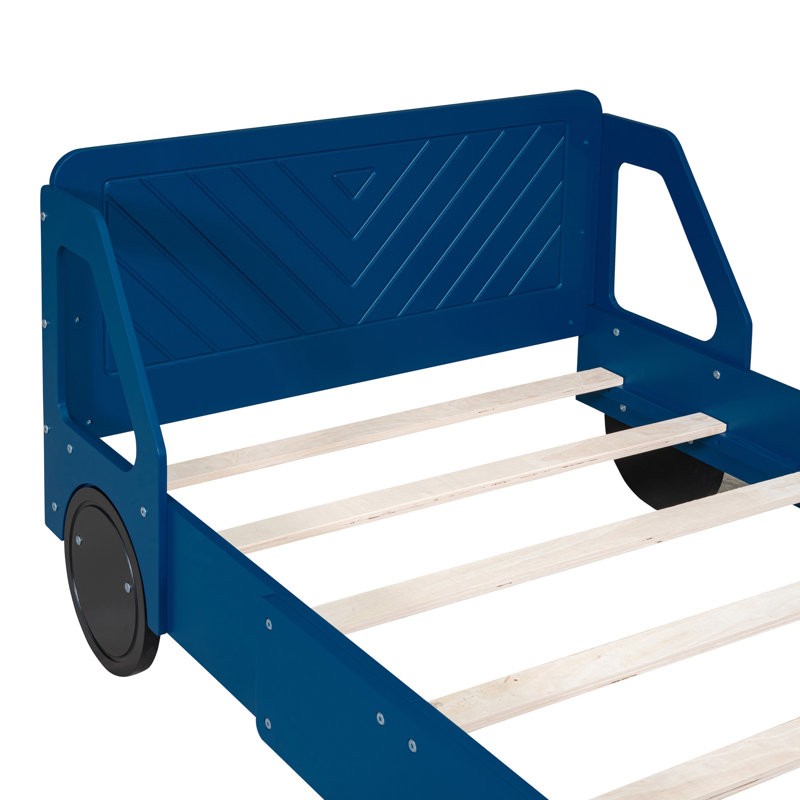 Lit plateforme simple en forme de voiture avec roulettes, bleu