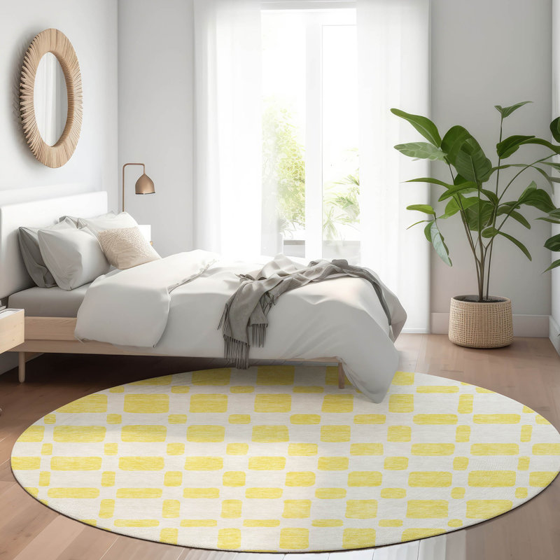 Premium Machine Washable Prisco Yellow Rug, Round 8'