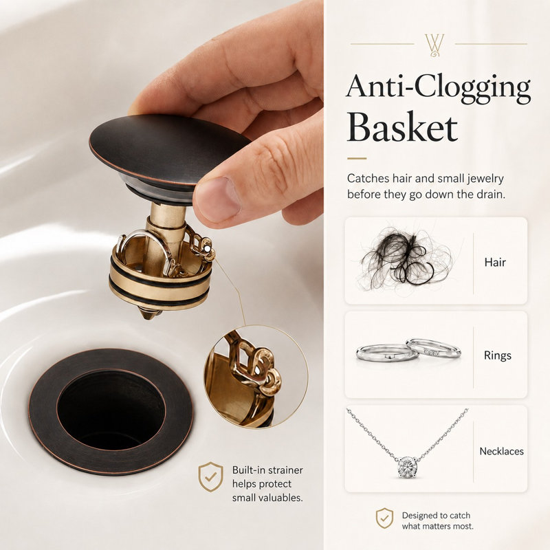 Stainless Steel Bathroom Sink Pop-Up Drain With Overflow, Oil Rubbed Bronze