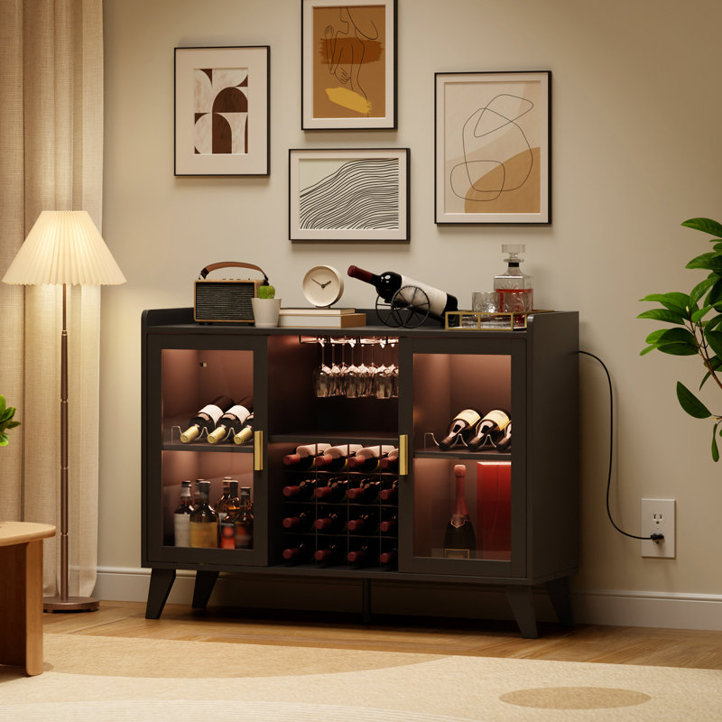 Armoire à vin à DEL avec support à vin, porte-verres et tablettes amovibles, buffet pour boissons alcoolisées et café