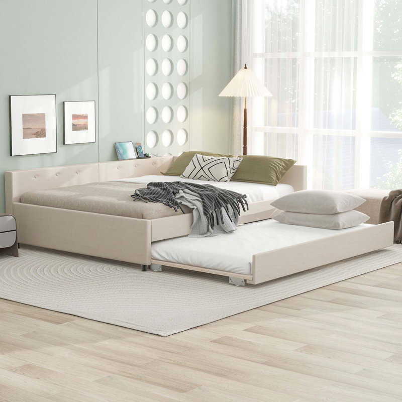 Upholstered Platform Bed with USB and Twin Size Trundle, Queen