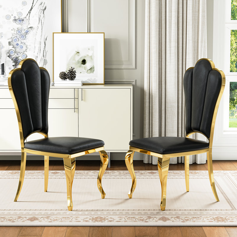 Chaise d'appoint de salle à manger rembourrée en similicuir H 19 po avec pieds en acier inoxydable Mery, Noir, Doré