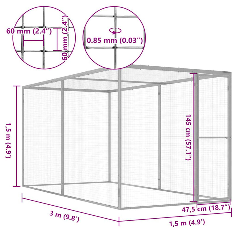  Cage à chat durable en acier galvanisé 9,8 x 4,9 x 4,9 pi