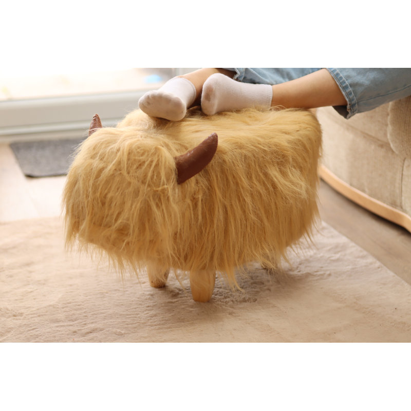 Highland Cow synthetic fur footstool with wooden legs, Brown Faux Fur