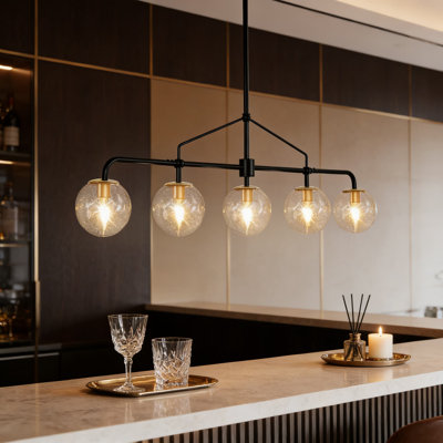 Lustre linéaire moderne de 39 pouces avec globes en verre ensemencé, luminaire suspendu 5 lumières pour îlot de cuisine et salle à manger, hauteur de suspension réglable, certifié ETL