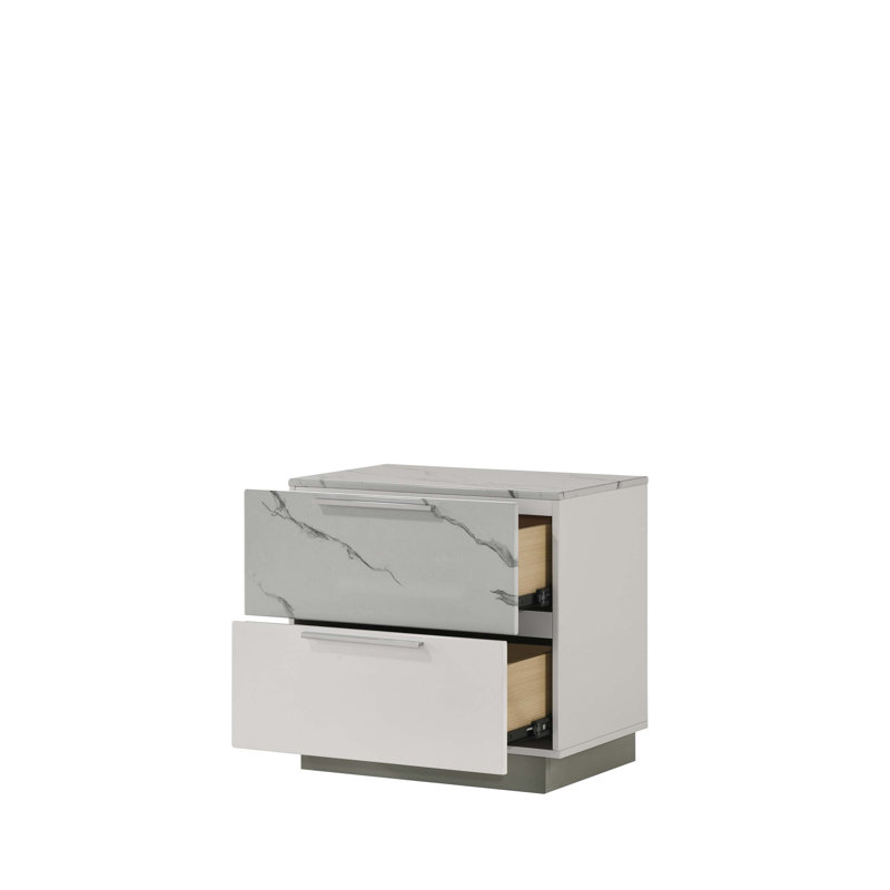 Table de chevet Mist - Finition bicolore très brillante en marbre et en laque avec deux tiroirs, intérieur doublé de velours et design élégant et compact