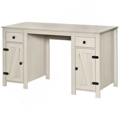 Farmhouse Computer Desk With Storage, Home Office Desk With 2 Drawers And 2 Cabinets, Cream White