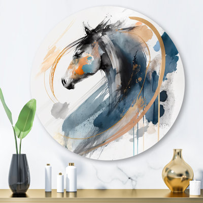 «Black Horse Side Portait II», art mural rond en métal
