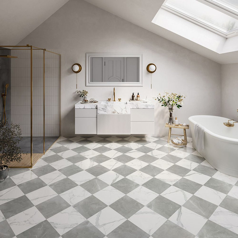 Carreau de porcelaine aspect marbre 12X12 Tuscany Checkerboard, Blanc / Gris