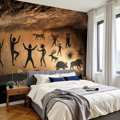 Vintage Peel and Stick Wallpaper Ancient Cave Wall Black Silhouette Human Animal Figures Wall Murals 100"H x 144"W Removable PVC Wall Paper Self-Adhesive Wall Decor for Bedroom Living Room Home Office