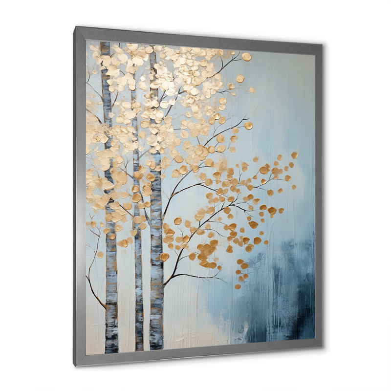 " Minimalism Gold And Blue Trees Scene V ", 44" H x 34" W x 1.5" D, Silver Single Picture Framed