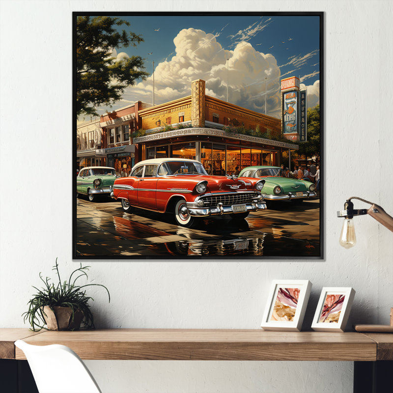 Red Mid Century Retro Reverie - Transportation Canvas Wall Art, H 36 po x l 36 po x P 1,5 po, Cadre flottant noir