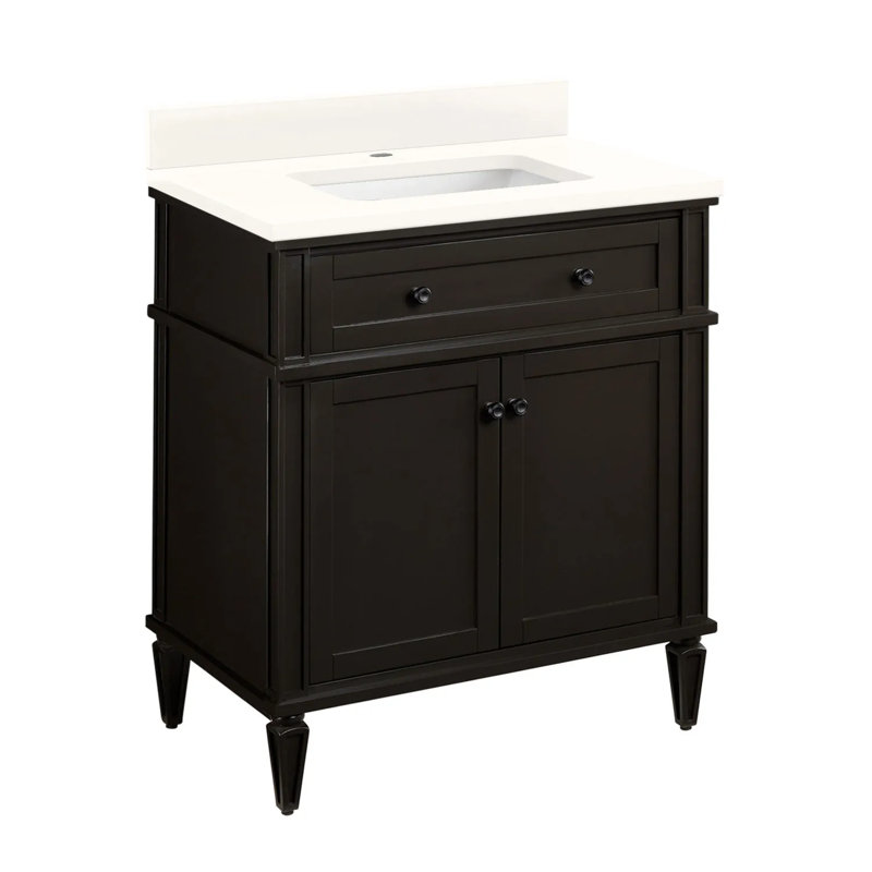 Ensemble de meuble-lavabo simple 30 po avec lavabo sous-comptoir rectangulaire Elmdale, Quartz blanc arctique, Blanc doux