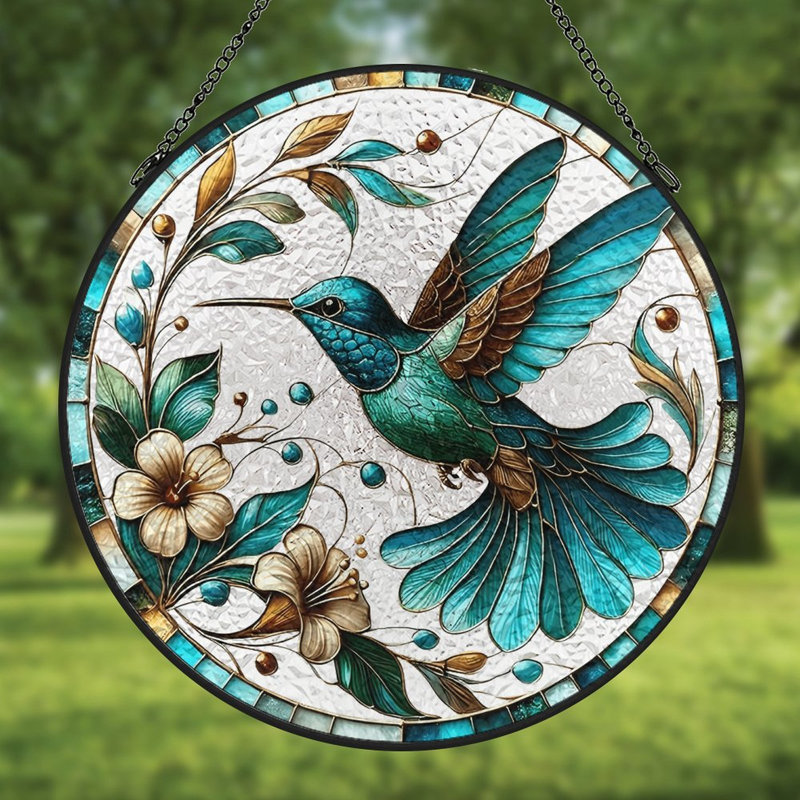 Vitrail colibri parmi les fleurs, 11,8 x 11,8 po (30 x 30 cm)